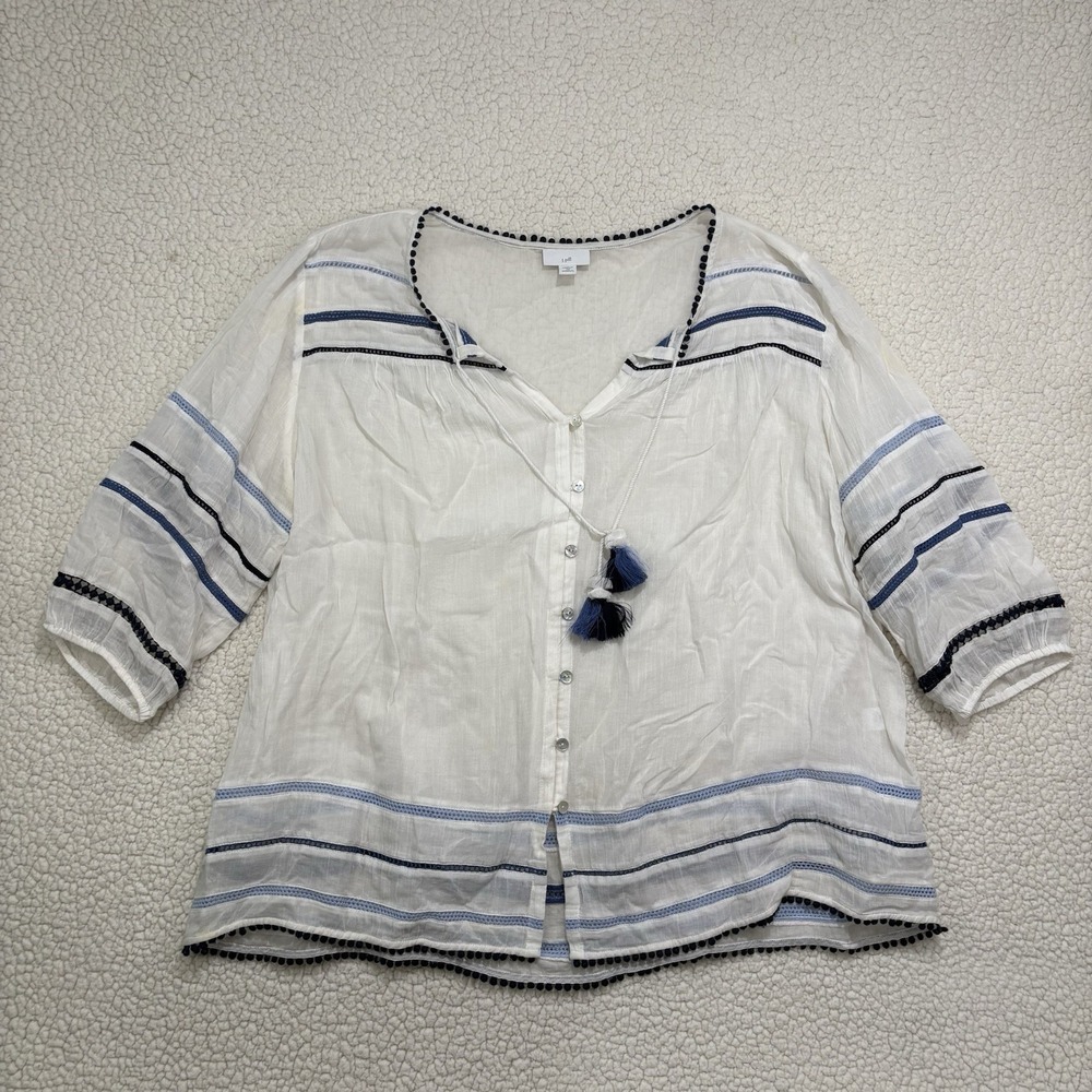 J. Jill Blouse Plus Size 2X Gauze Peasant Boho White Blue Embroidered Tassels